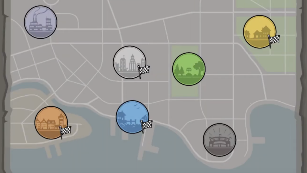 A simple map of a city with colored buttons for various districts and points of interest. Links to the project page for Global Puzzling System.